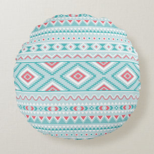 Teal and Pink Aztec Tribal Pattern Round Pillow