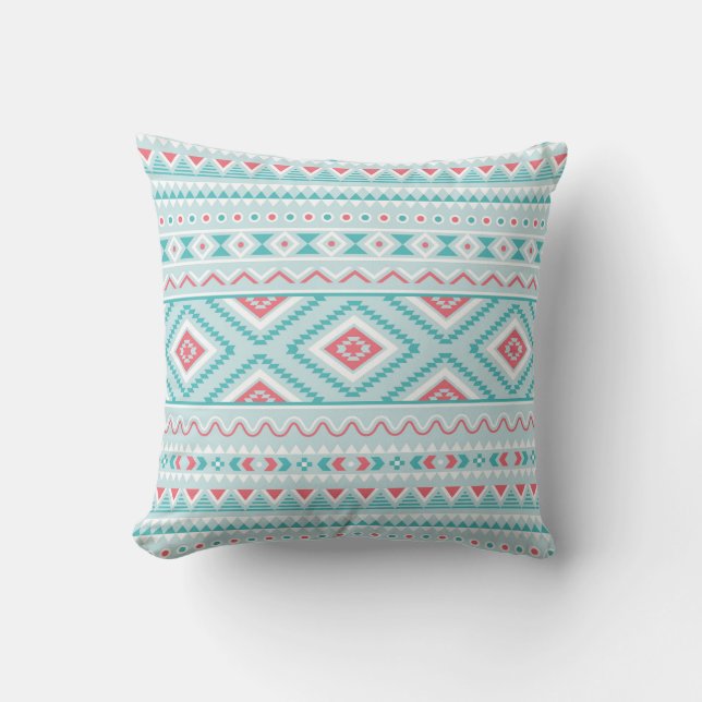 Teal and Pink Aztec Tribal Pattern Throw Pillow (Front)