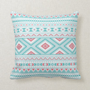 Teal and Pink Aztec Tribal Pattern Throw Pillow