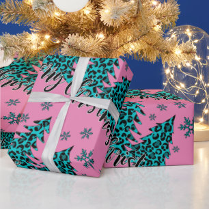 Teal and Pink Cheetah Print Christmas Trees Wrapping Paper