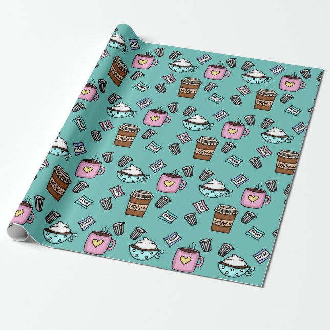 Teal and pink cute coffee coffee mugs wrapping paper (Unrolled)