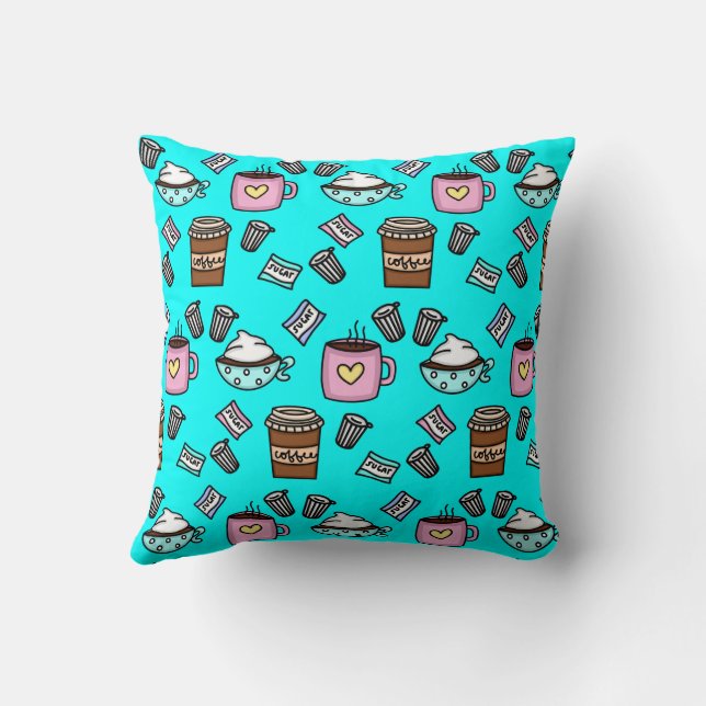 Teal and pink cute coffee throw pillow (Back)