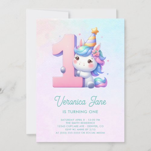 Teal and Pink Cute Pony 1st Birthday Invitation