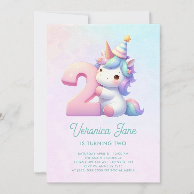Teal and Pink Cute Unicorn 2nd Birthday Invitation (Front)