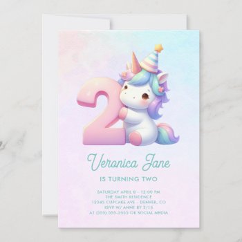 Teal And Pink Cute Unicorn 2nd Birthday Invitation by designs4you at Zazzle