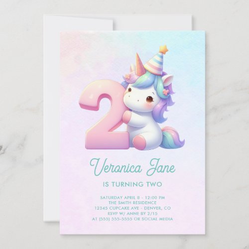 Teal and Pink Cute Unicorn 2nd Birthday Invitation