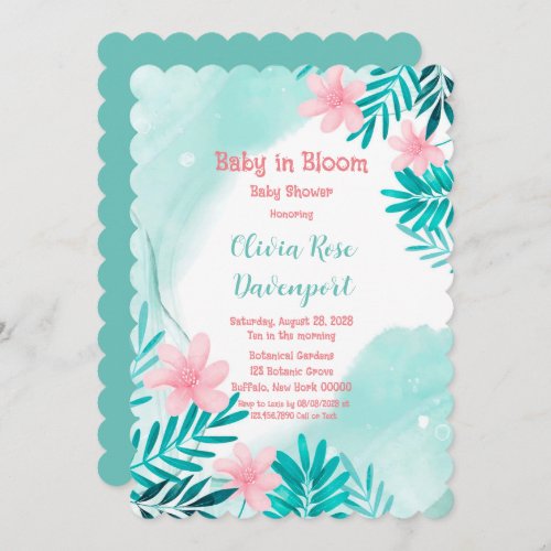 Teal and Pink Floral Baby In Bloom Baby Shower Inv Invitation