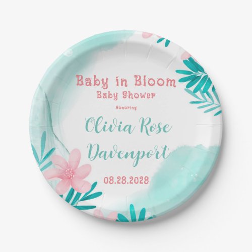 Teal and Pink Floral Baby In Bloom Baby Shower Paper Plates