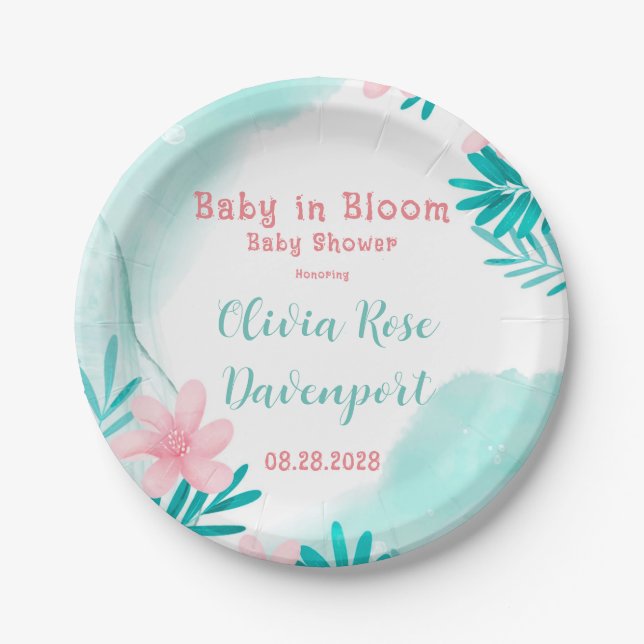 Teal and Pink Floral Baby In Bloom Baby Shower Paper Plates (Front)