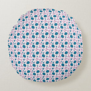 Teal and Pink Floral Pattern Modern Botanical Round Pillow