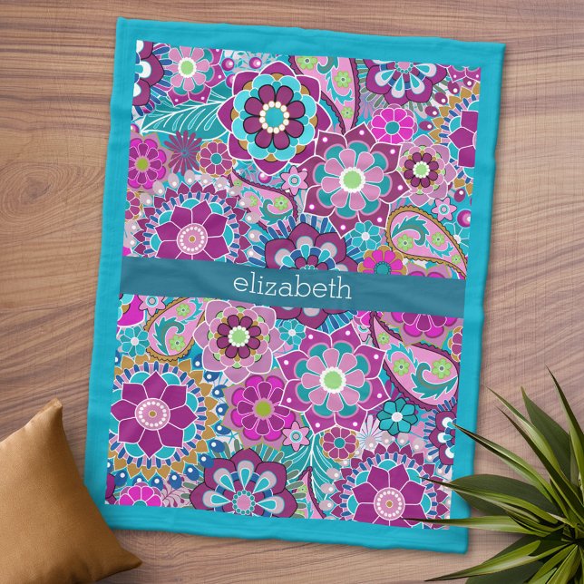 Teal and Pink Floral Pattern with Custom Baby Name Fleece Blanket (Personalized Fleece Blanket - Add Photos and Text)