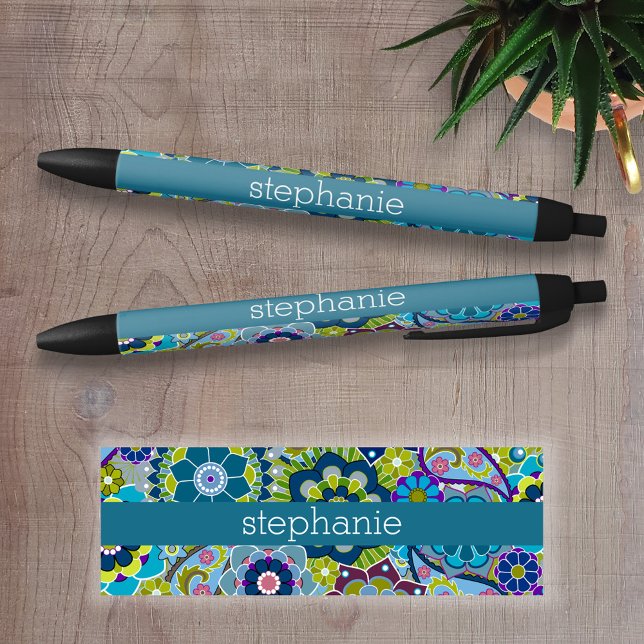 Teal and Pink Floral Pattern with Custom Baby Name Pen (Personalized Writing Pen )