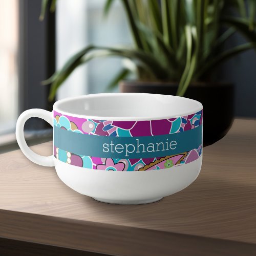 Teal and Pink Floral Pattern with Custom Baby Name Soup Mug