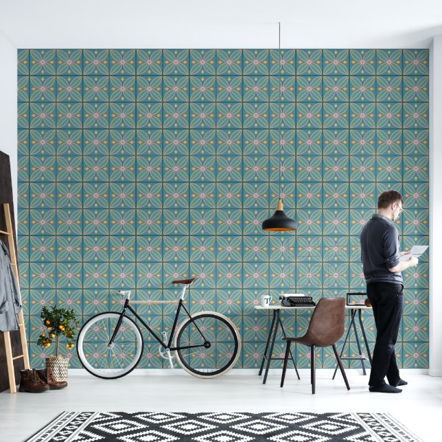 Teal and pink floral tiles Wallpaper (Living Room)