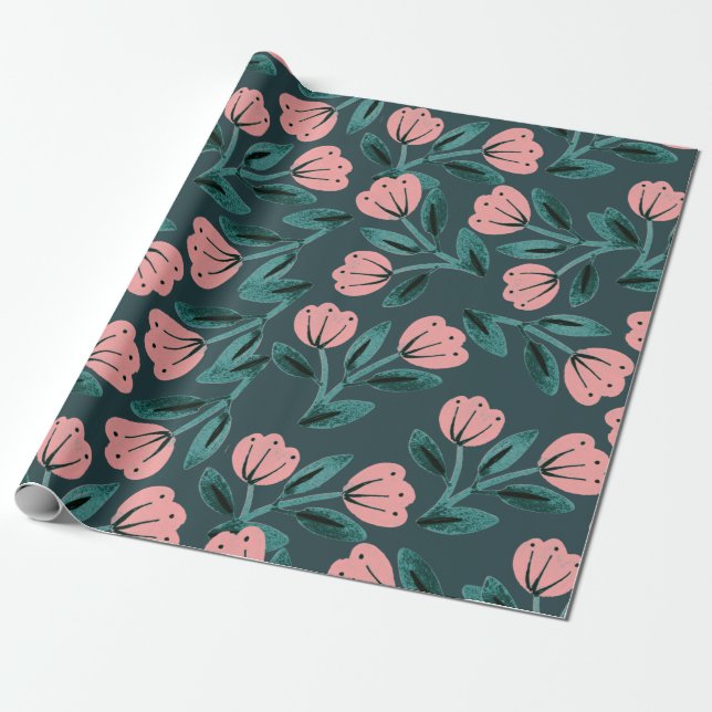 Teal and Pink Floral Wrapping Paper (Unrolled)