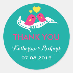 Teal and Pink Love Birds Wedding Favor Sticker