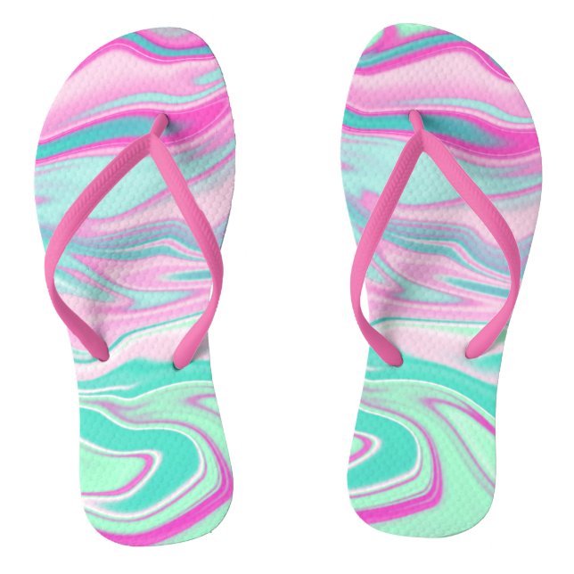 Teal and Pink Marble Pattern Flip Flops (Footbed)