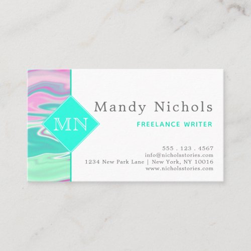 Teal and Pink Marble Pattern Monogram Business Card