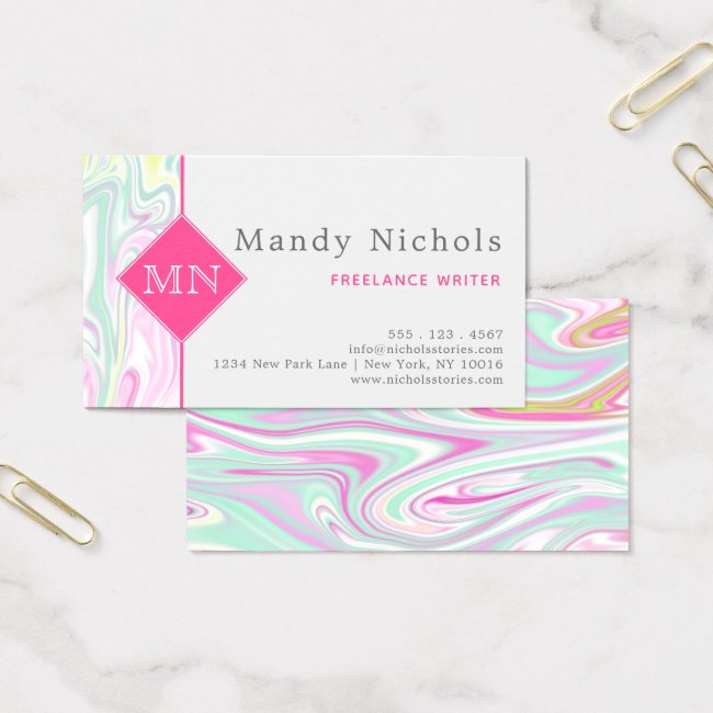 Teal and Pink Marble Pattern Monogram Business Card