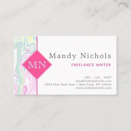 Teal and Pink Marble Pattern Monogram Business Card