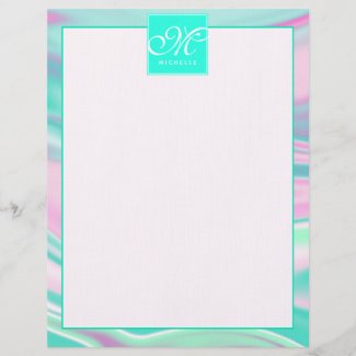Teal and Pink Marble Pattern Monogram Stationary