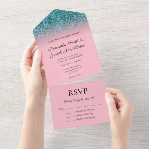 Teal and Pink Ombre Glitter Wedding All In One Invitation