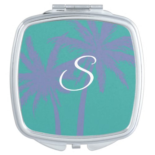 Teal and Pink Palm Trees Monogram Compact Mirror