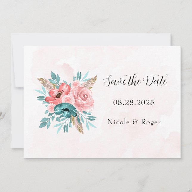 Teal and Pink Peony Flowers Save the Date Cards (Front)