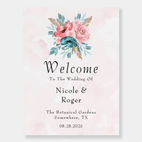 Teal and Pink Peony Flowers Wedding Welcome Sign