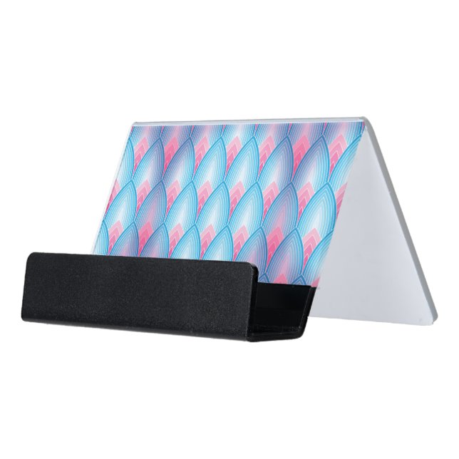 Teal And Pink Petal Pattern Desk Business Card Holder (Angled Front)