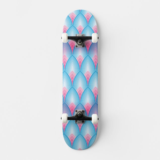 Teal And Pink Petal Pattern Skateboard Deck (Front)
