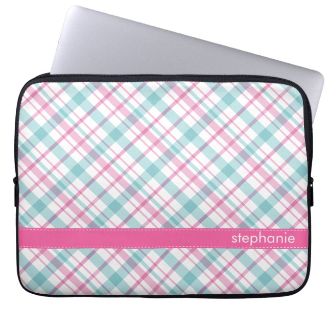Teal and Pink Plaid Pattern Laptop Sleeve (Front)