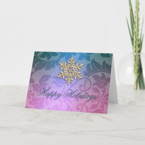 Teal and Pink Shimmer Damask Holiday Card