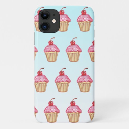 Teal and Pink Strawberry Cupcakes iPhone 11 Case