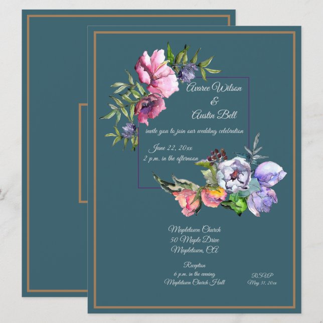 Teal and Pink Watercolor Flowers Invitation (Front/Back)