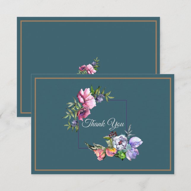 Teal and Pink Watercolor Flowers Invitation (Front/Back)