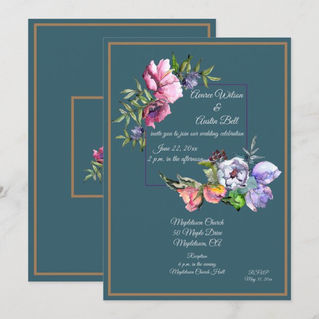 Teal and Pink Watercolor Flowers Invitation (Front/Back)