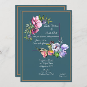 Teal and Pink Watercolor Flowers Invitation
