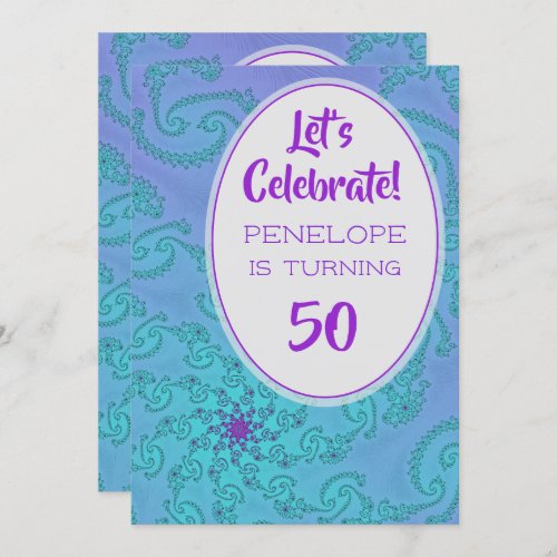Teal and Plum Fractal Floral Pattern 50th Birthday Invitation