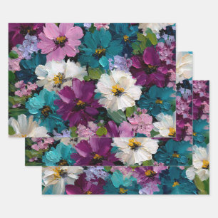 Teal and Plum Painterly Garden Wrapping Paper Sheets