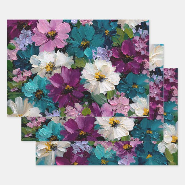 Teal and Plum Painterly Garden Wrapping Paper Sheets (Set)