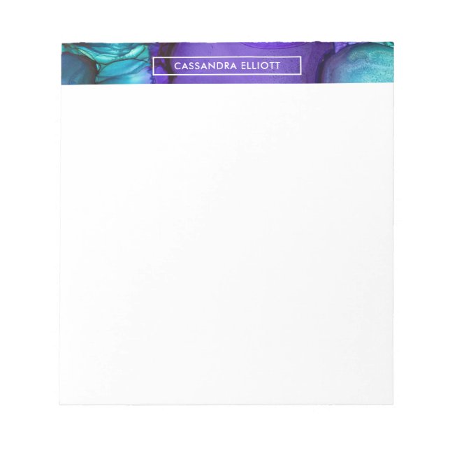 Teal and Purple Alcohol Ink Liquid Abstract Art Notepad (Front)