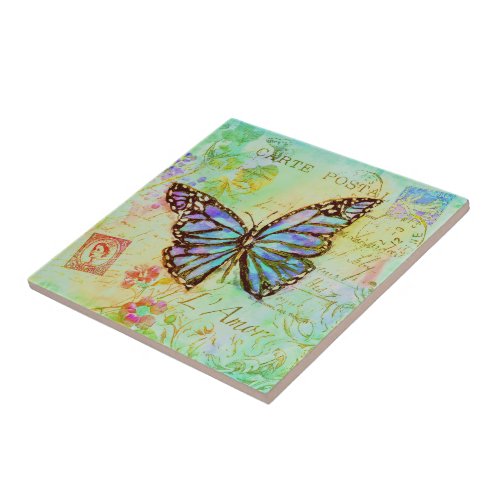 Teal and purple butterfly  ceramic tile