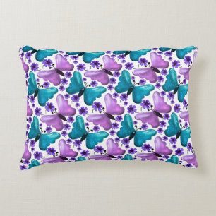 Teal and purple butterfly floral pattern accent pillow