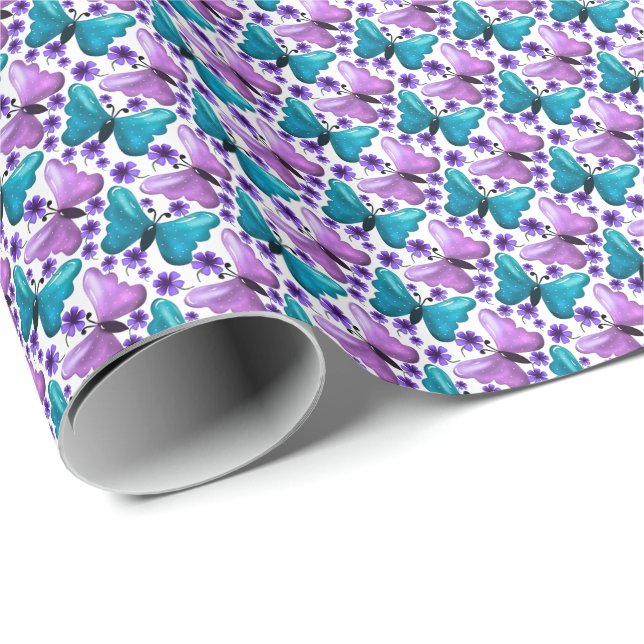 Teal and purple butterfly floral pattern  wrapping paper (Roll Corner)