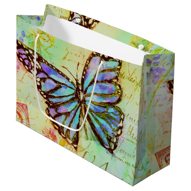 Teal and purple butterfly  large gift bag (Front Angled)