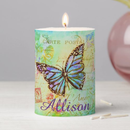 Teal and purple butterfly  personalized pillar candle