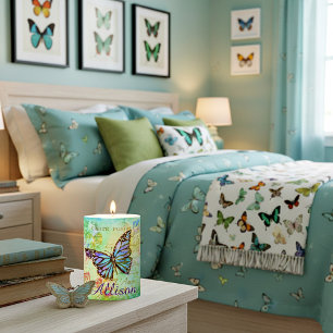 Teal and purple butterfly personalized pillar candle