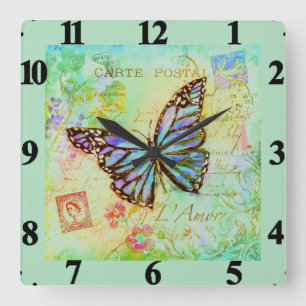 Teal and purple butterfly square wall clock