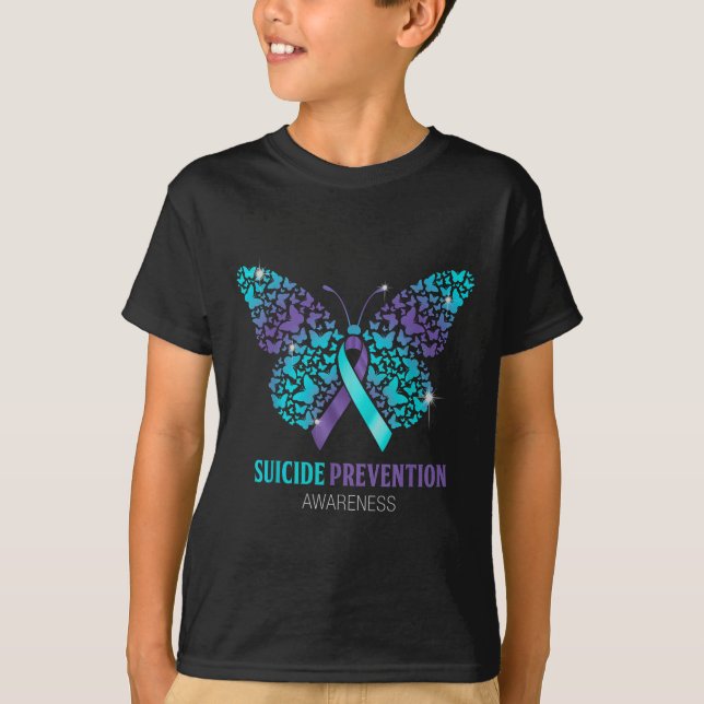 Teal And Purple Butterfly Suicide Prevention Aware T-Shirt (Front)